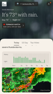 Wether channel app screenshot showing 73°F with thunderstorms ⛈️ and tornado watch 🌪️ 